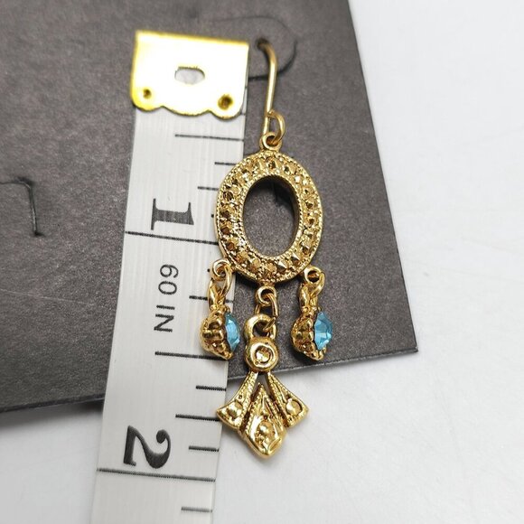 Gold-Tone Oval Dangle Earrings With Blue Rhinestones By Darlene Group - Picture 4 of 4